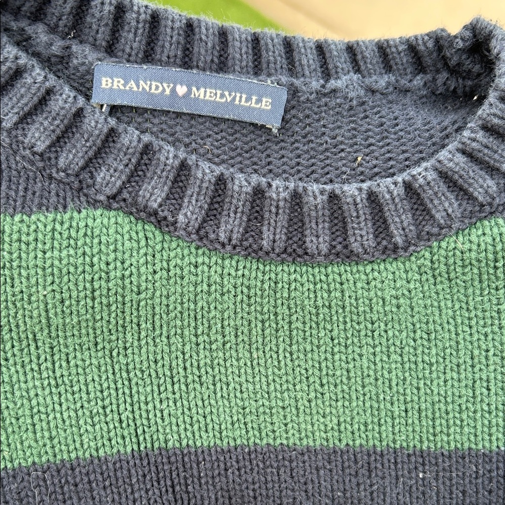 Brandy Melville Women’s Striped Green and Black Crewneck Sweater